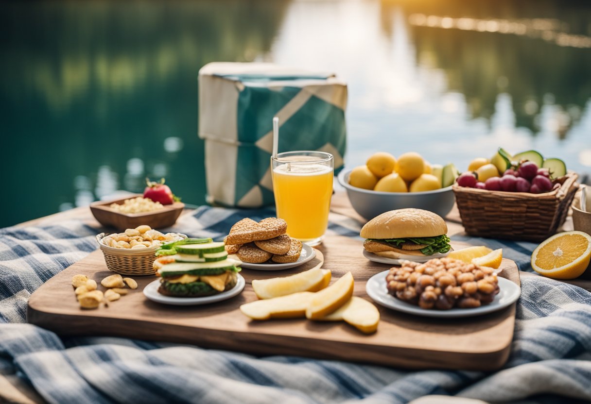 A picnic blanket spread with keto-friendly snacks and drinks, set against a backdrop of a serene lake and a docked boat