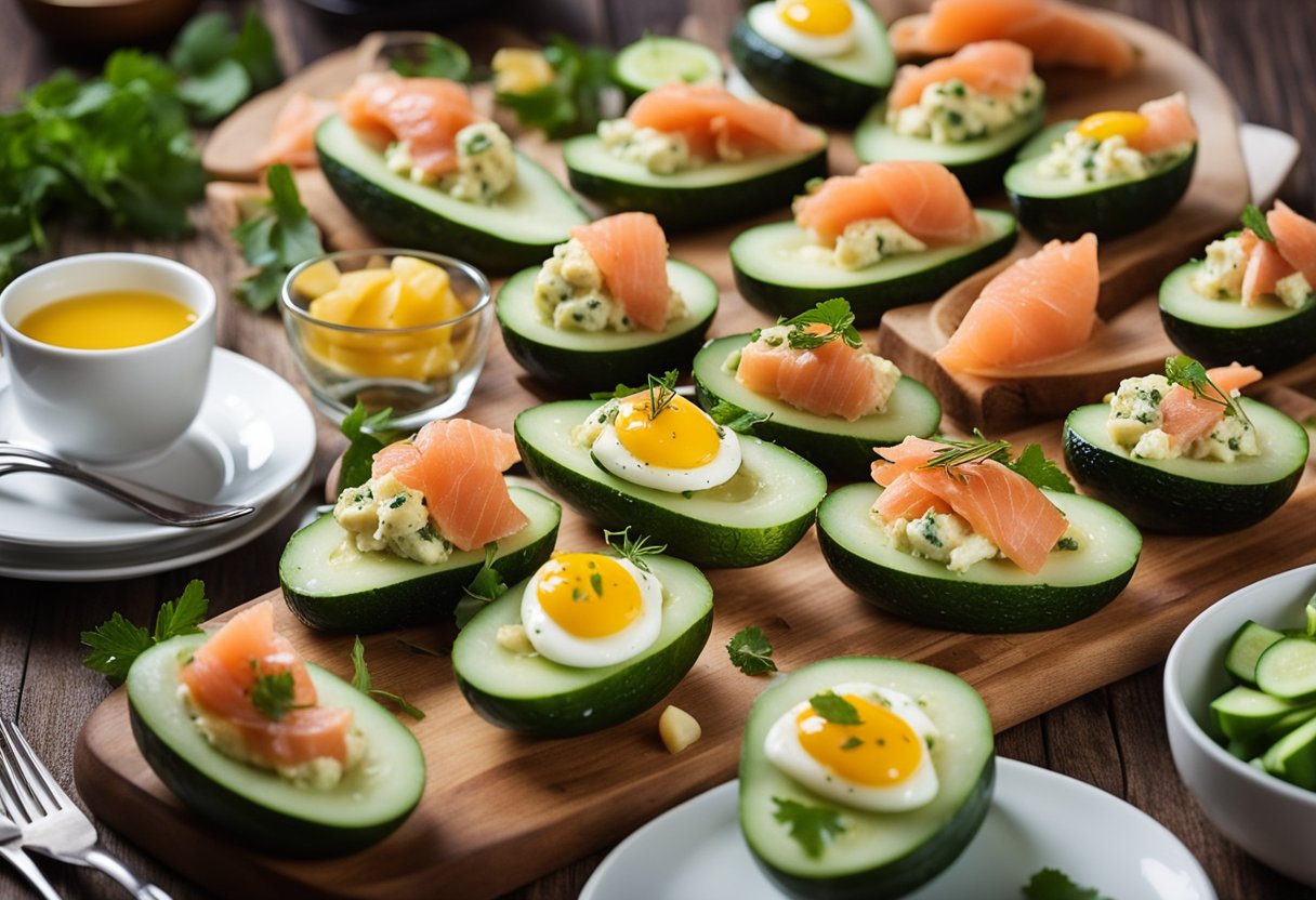 A wooden table set with cucumber boats filled with smoked salmon and egg salad, surrounded by other keto-friendly dishes