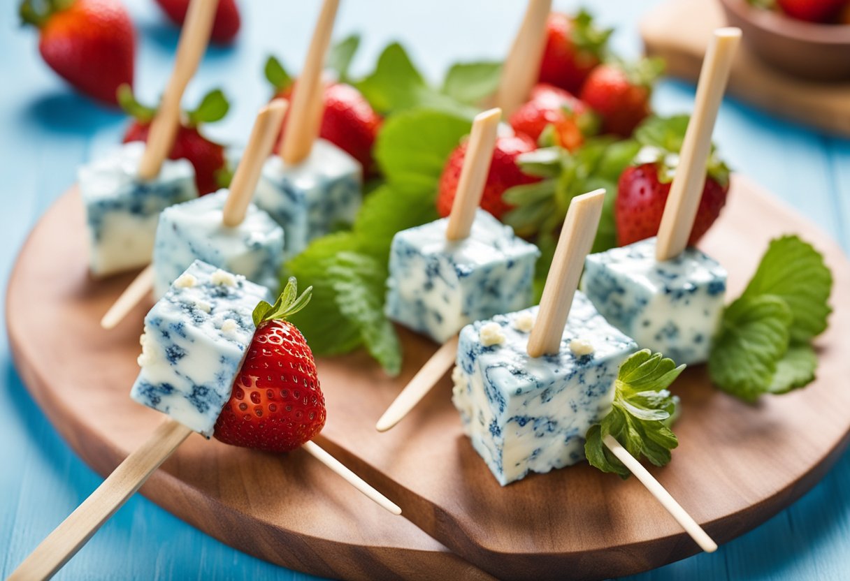 A wooden skewer holds a juicy strawberry, crispy bacon, and a chunk of blue cheese, arranged in a colorful pattern on a white serving platter