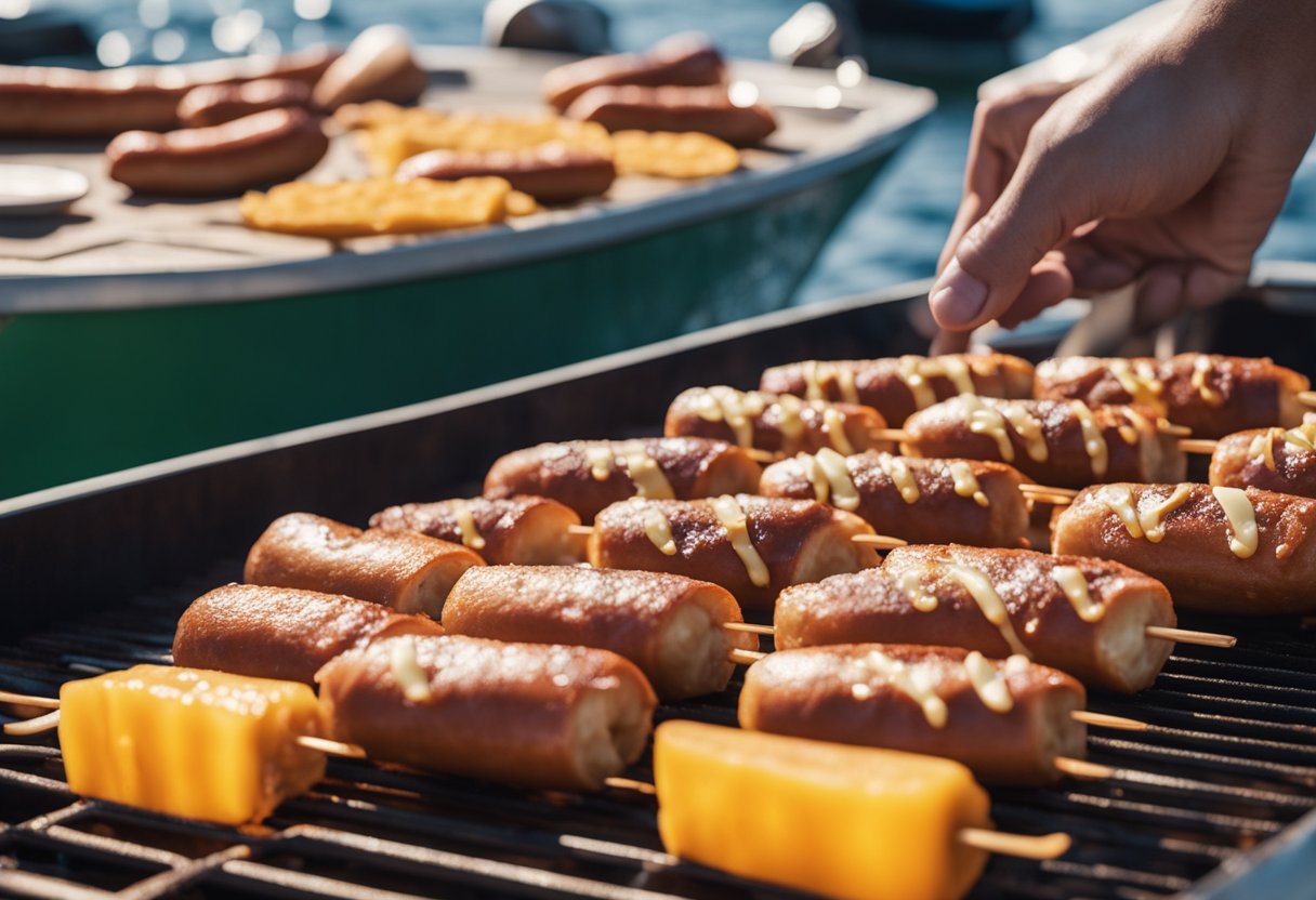 A sizzling grill cooks bacon-wrapped hot dogs oozing with melted cheese, surrounded by keto-friendly snacks on a boat deck