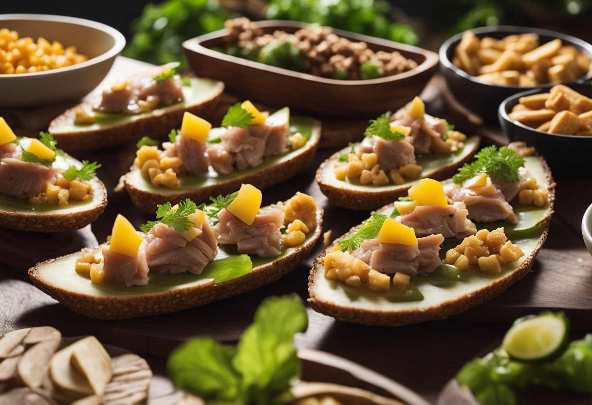 A platter of smoky tuna pickle boats surrounded by keto-friendly snacks on a wooden table