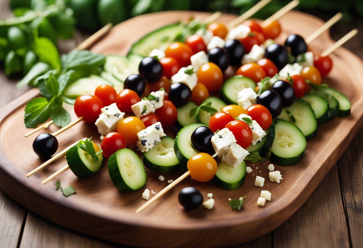 Fresh cherry tomatoes, cucumber chunks, feta cheese, and olives skewered on wooden sticks, arranged on a serving platter