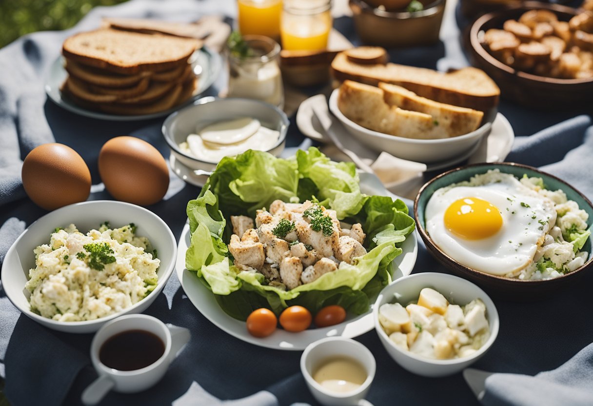 A picnic spread with chicken salad, eggs, and keto-friendly boat day food