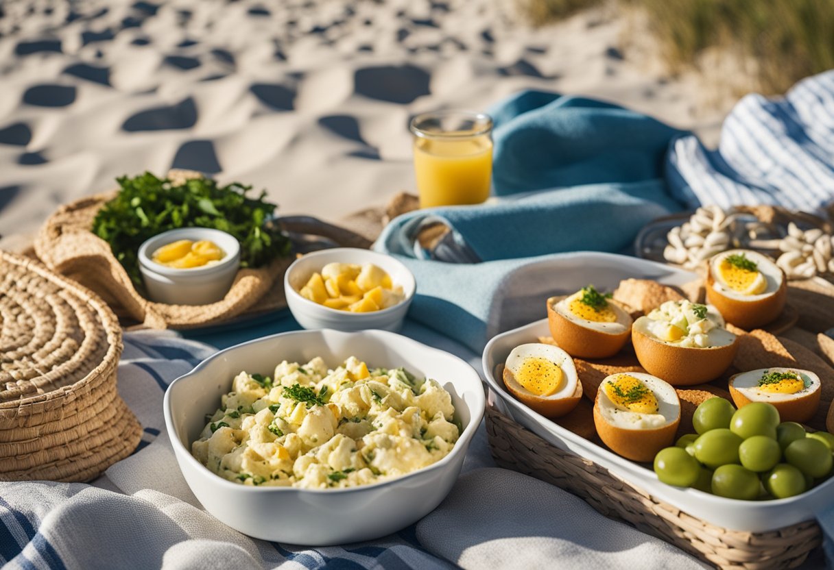 A picnic spread with keto deviled egg salad, surrounded by boat and beach accessories