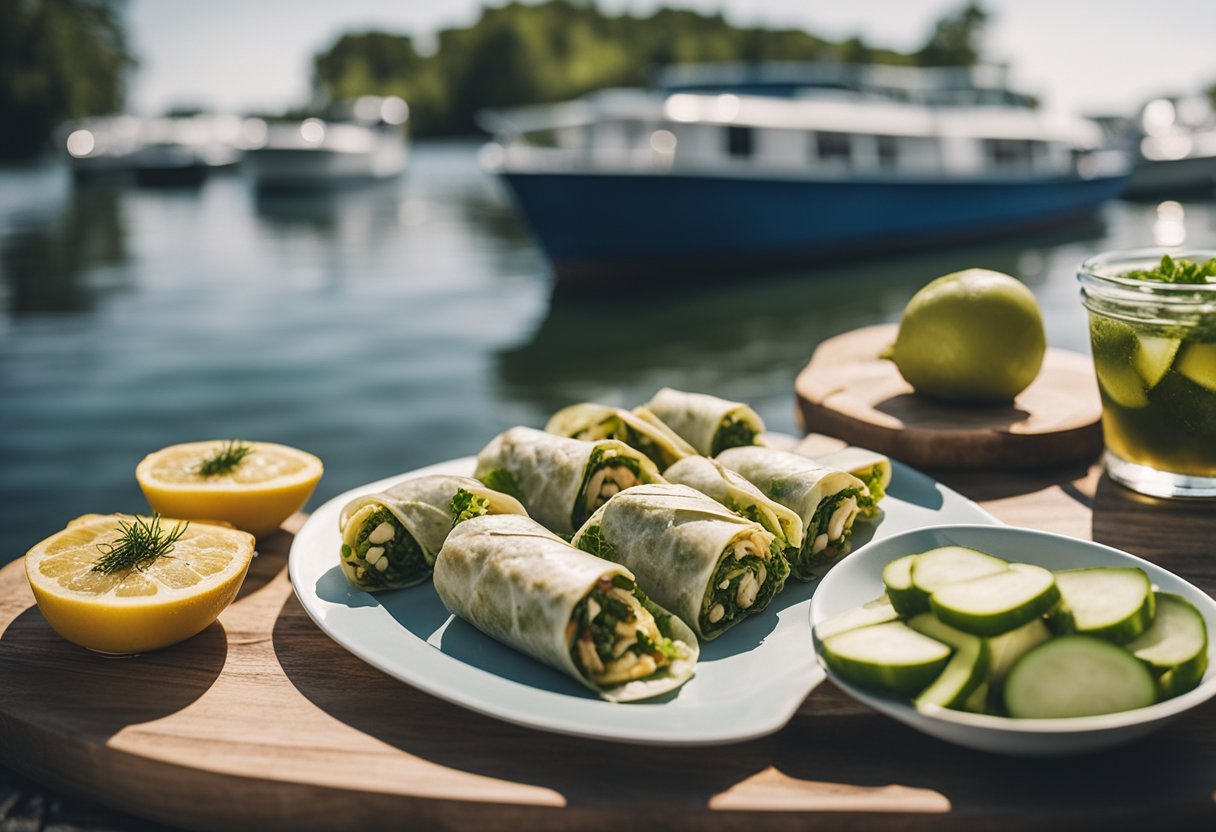 A picnic spread with keto-friendly dill pickle wraps, surrounded by boat and water