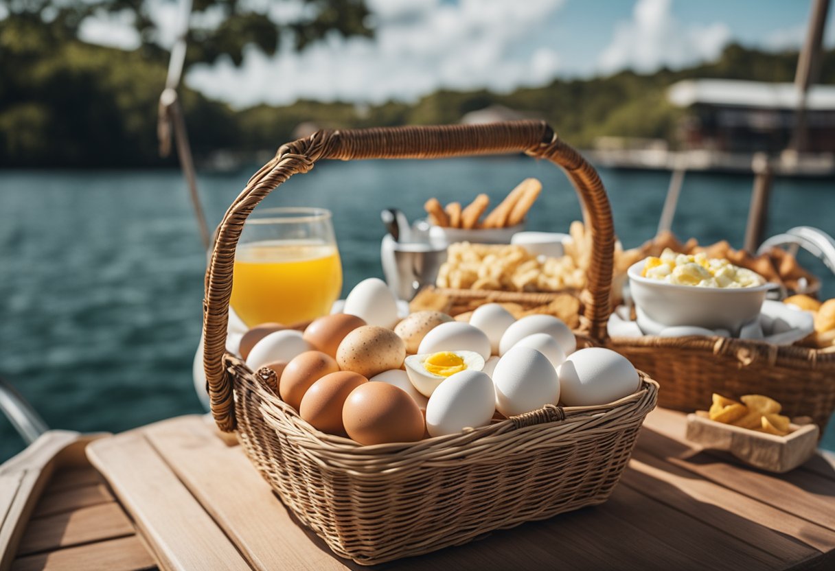 A picnic basket filled with hard boiled eggs, surrounded by keto-friendly snacks, on a boat deck overlooking the water