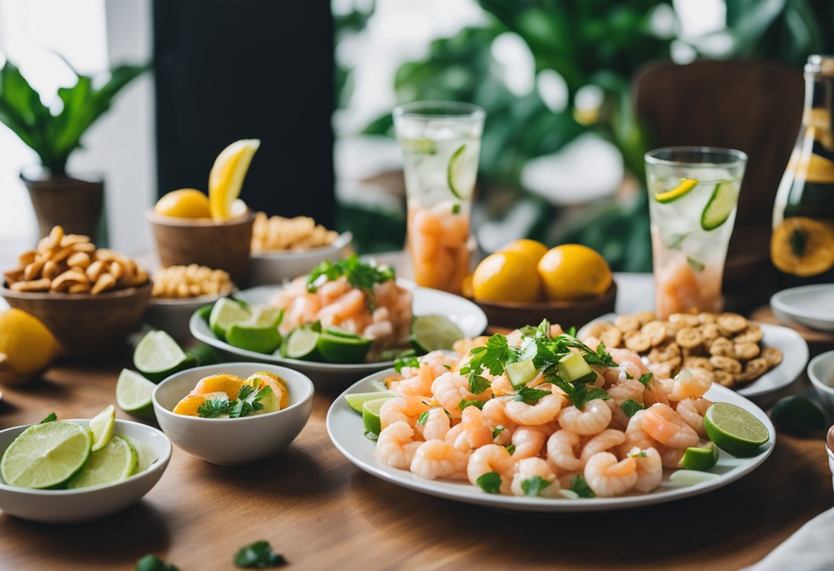 A colorful spread of citrus shrimp ceviche surrounded by keto boat day snacks and drinks