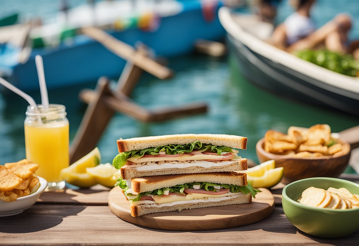 A keto club sandwich surrounded by colorful boat-themed keto food items on a picnic table by the water