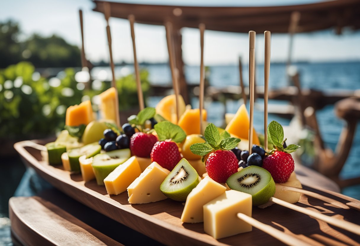 A colorful assortment of fruit, cheese, and herbs skewered on wooden sticks, arranged on a boat deck with a view of the water