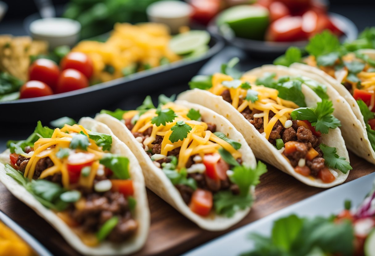 A table with 15 taco boats filled with keto-friendly ingredients, surrounded by vibrant vegetables and herbs