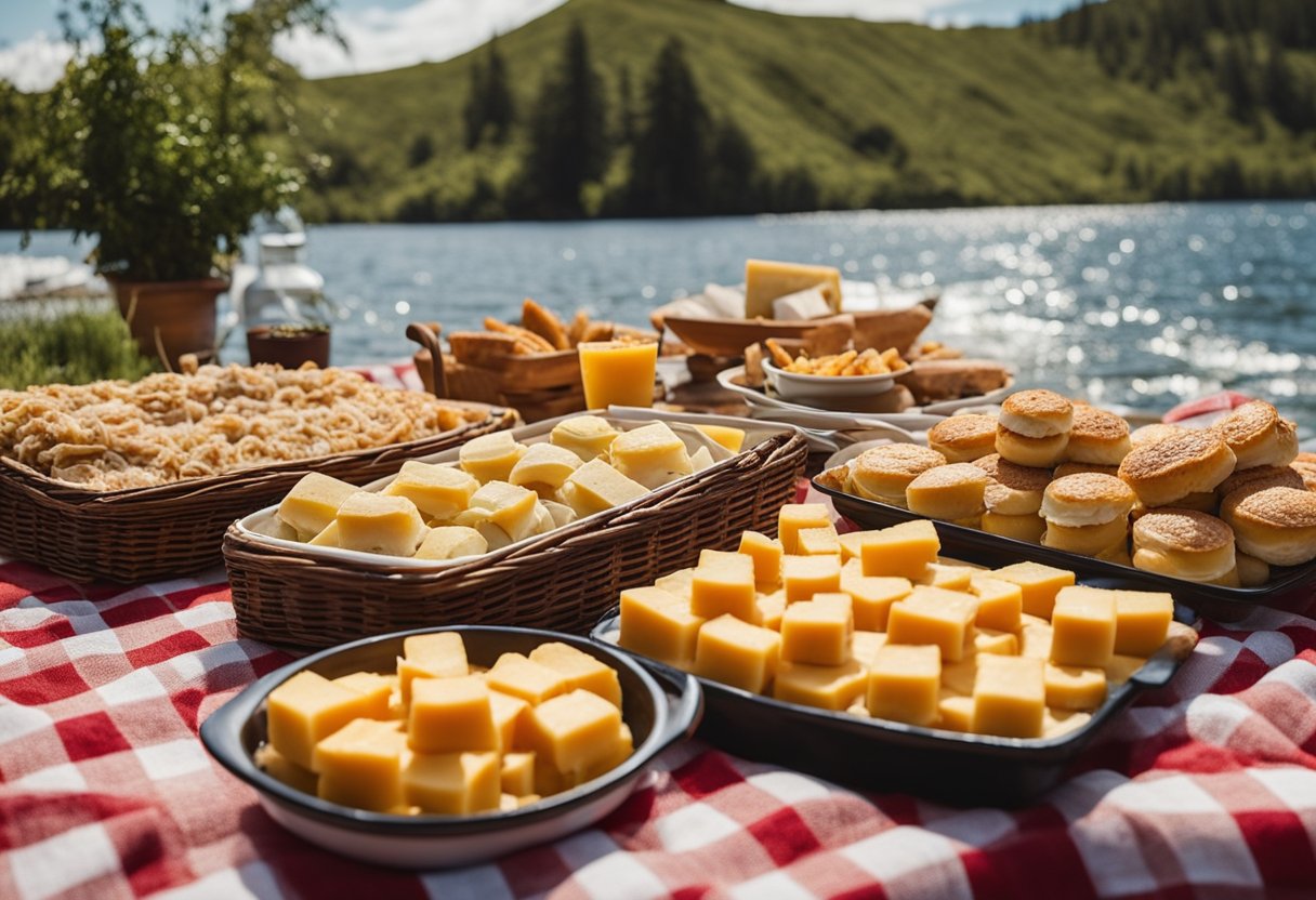 A picnic spread with turkey cheddar roll-ups, along with other keto-friendly boat day food ideas, laid out on a checkered blanket by the water's edge