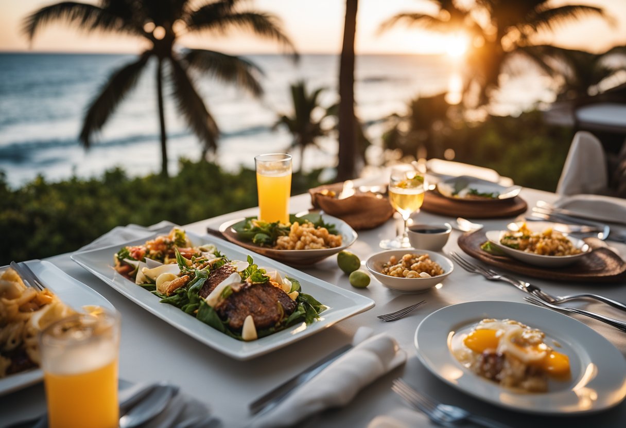 A beachfront dinner table set with keto-friendly dishes and drinks, surrounded by palm trees and a sunset over the ocean