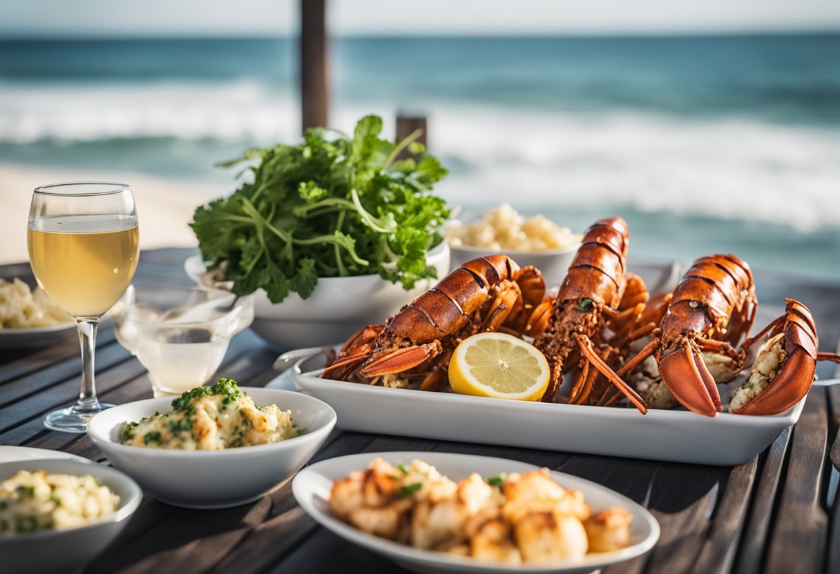 A beachside table set with grilled lobster tails, garlic butter, and keto-friendly side dishes, with the ocean in the background