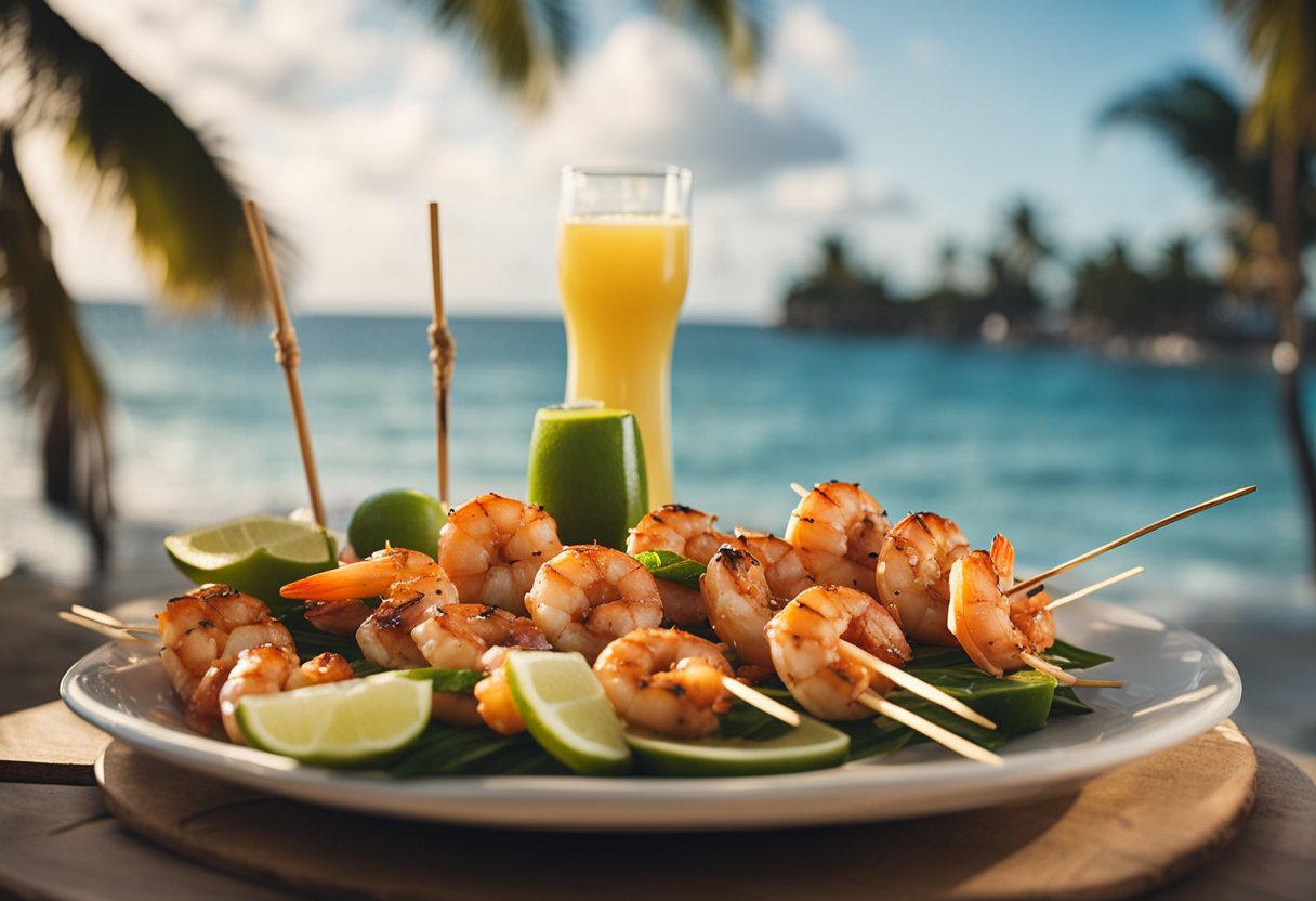 A beachside table set with chili lime shrimp skewers, surrounded by tiki torches and palm trees, with the ocean in the background