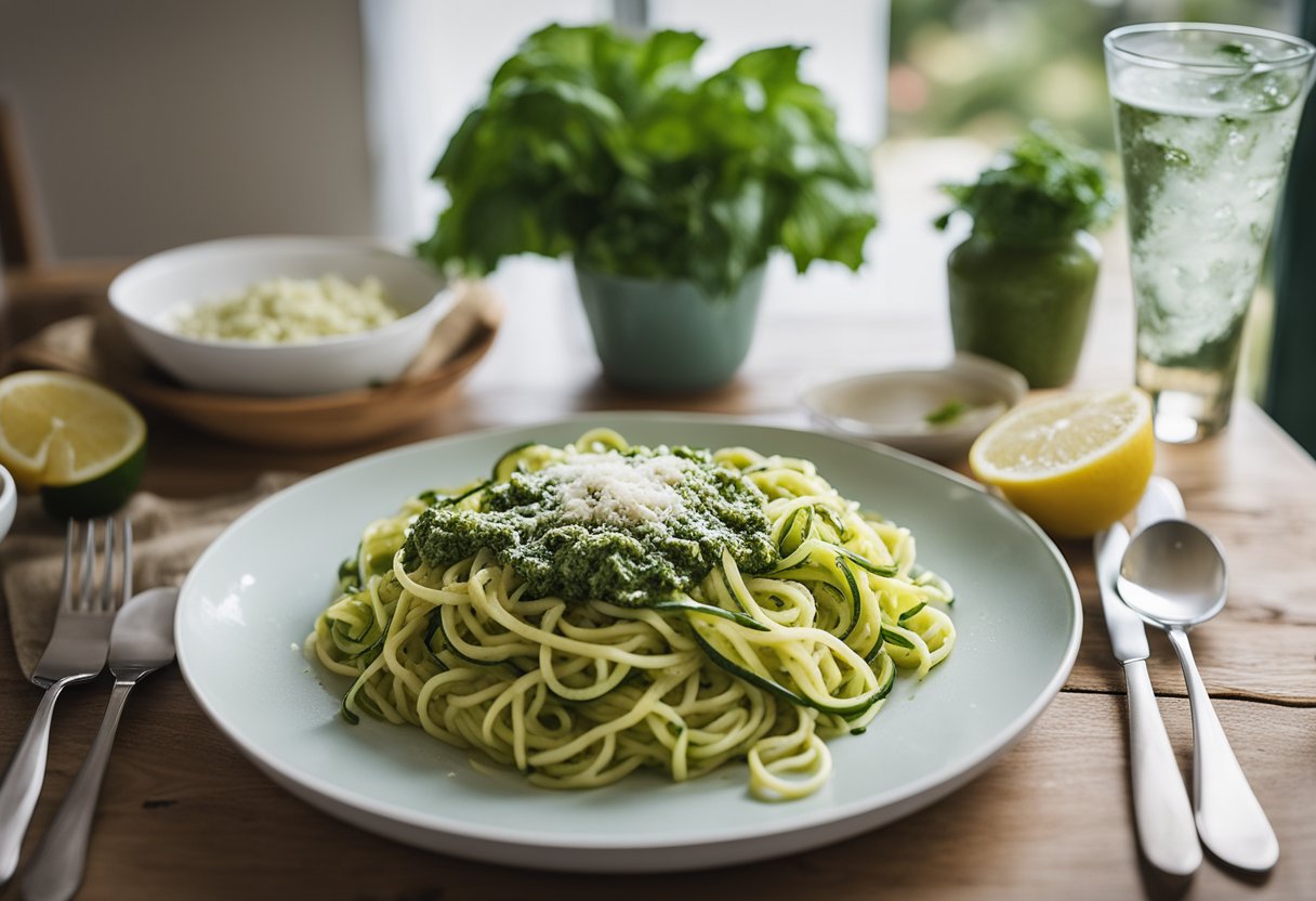 A plate of zucchini noodles topped with pesto sauce surrounded by beach house dinner plans and a seaside view