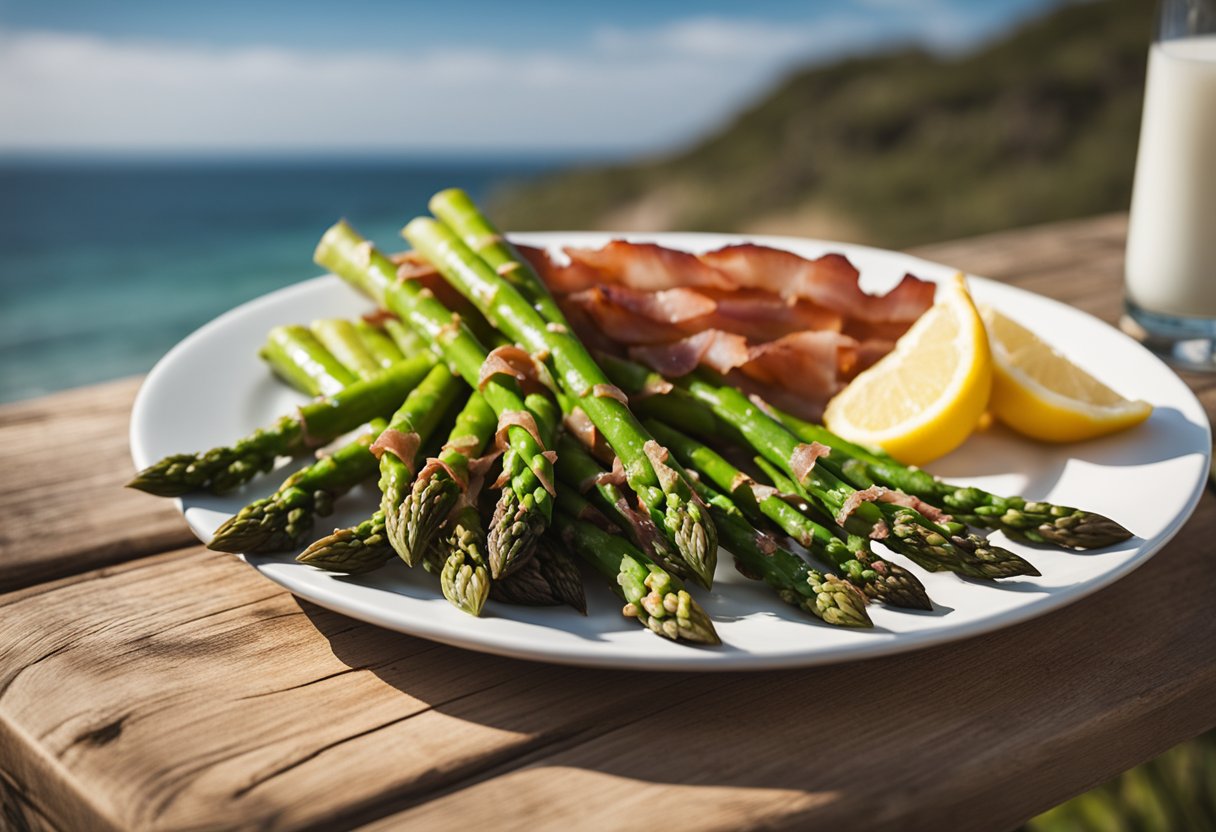 A platter of bacon-wrapped asparagus sits on a rustic wooden table, surrounded by beach-themed decor and a view of the ocean