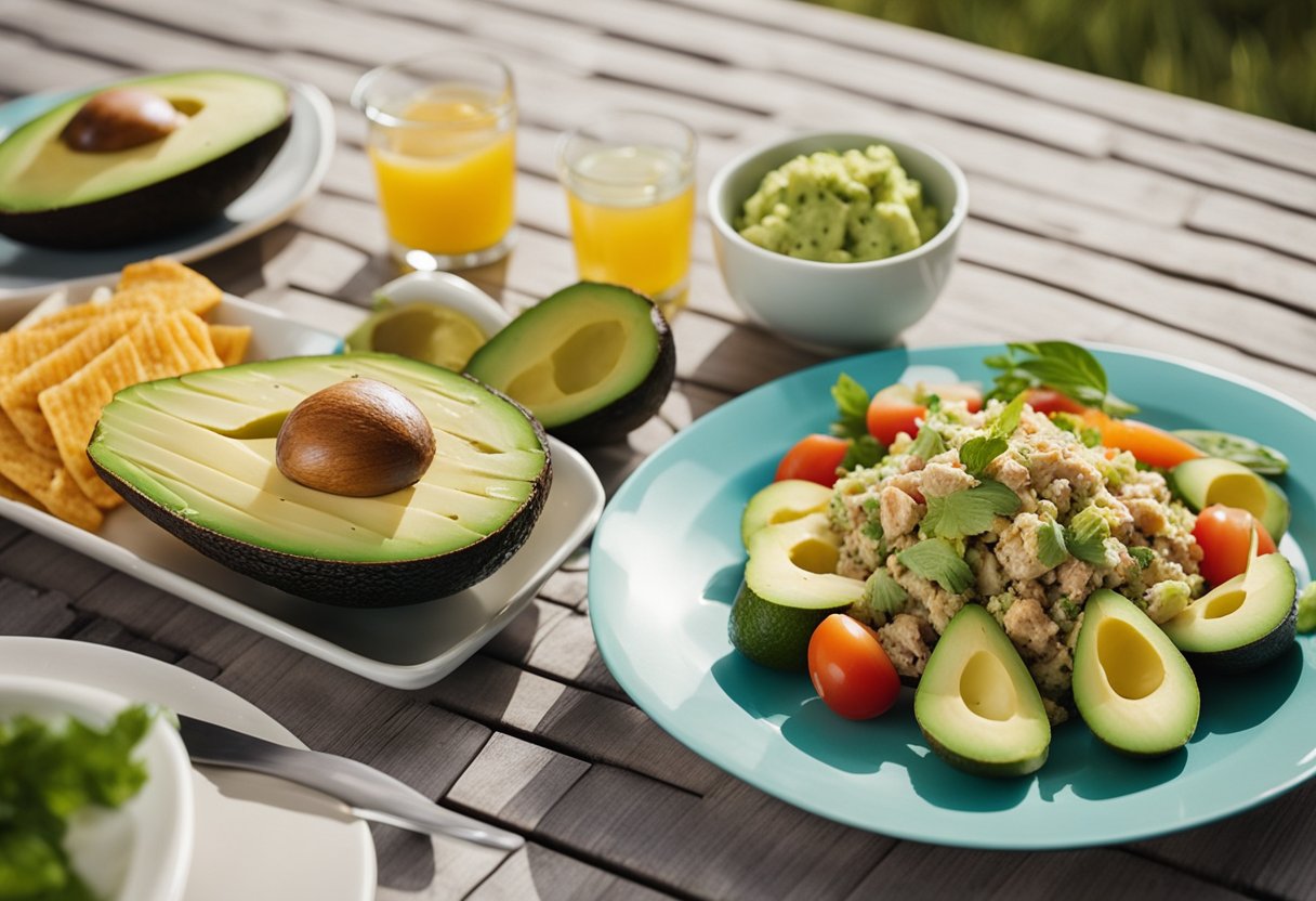 A colorful beach picnic spread with a vibrant avocado and tuna salad as the centerpiece