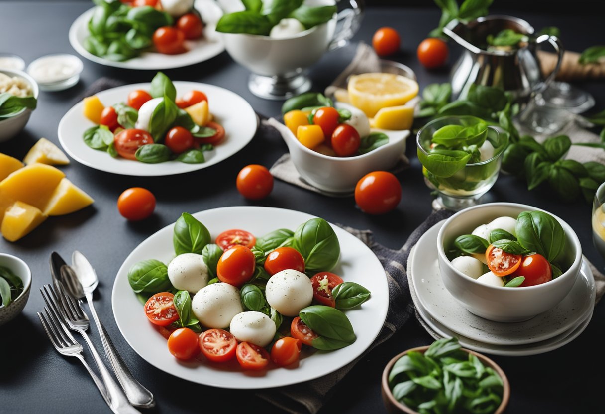 A beach house dinner table set with a colorful Caprese salad, fresh basil, and keto-friendly ingredients