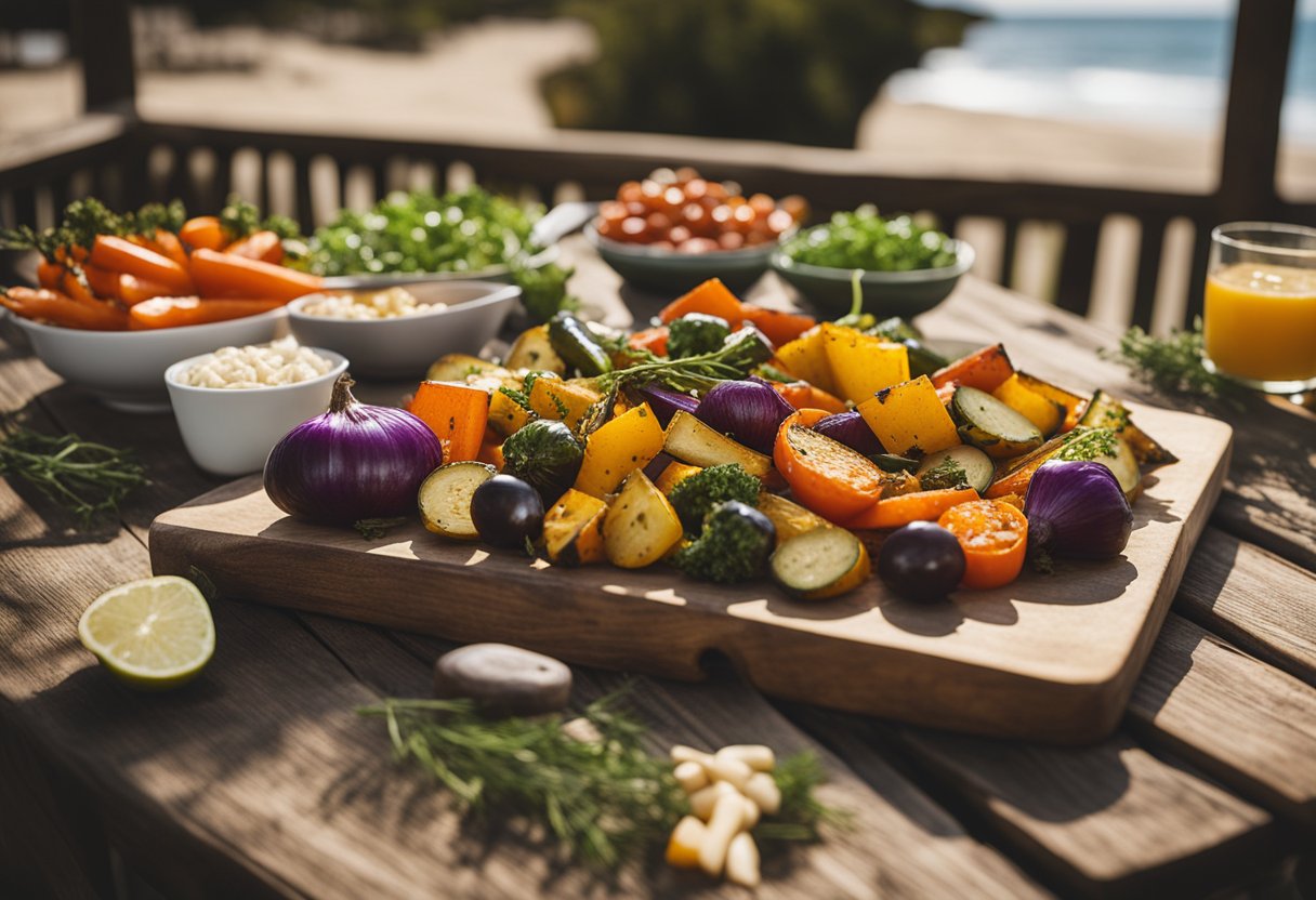 A colorful array of roasted vegetables arranged on a rustic wooden table, with a beach house in the background