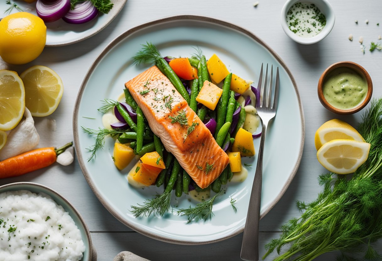 A seared salmon fillet topped with dill sauce on a white plate, surrounded by colorful keto-friendly vegetables and herbs, set against a beach house backdrop