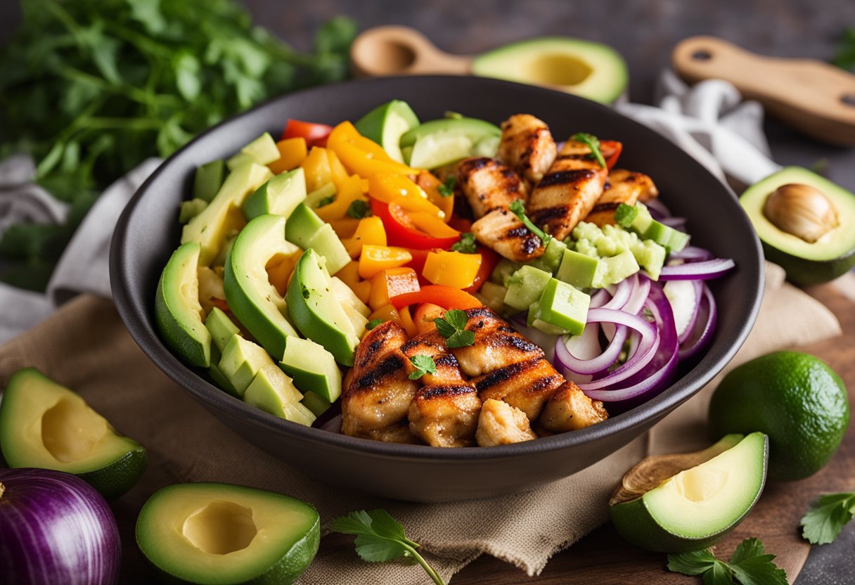 A colorful bowl filled with grilled chicken, bell peppers, onions, and avocado, surrounded by various keto-friendly ingredients