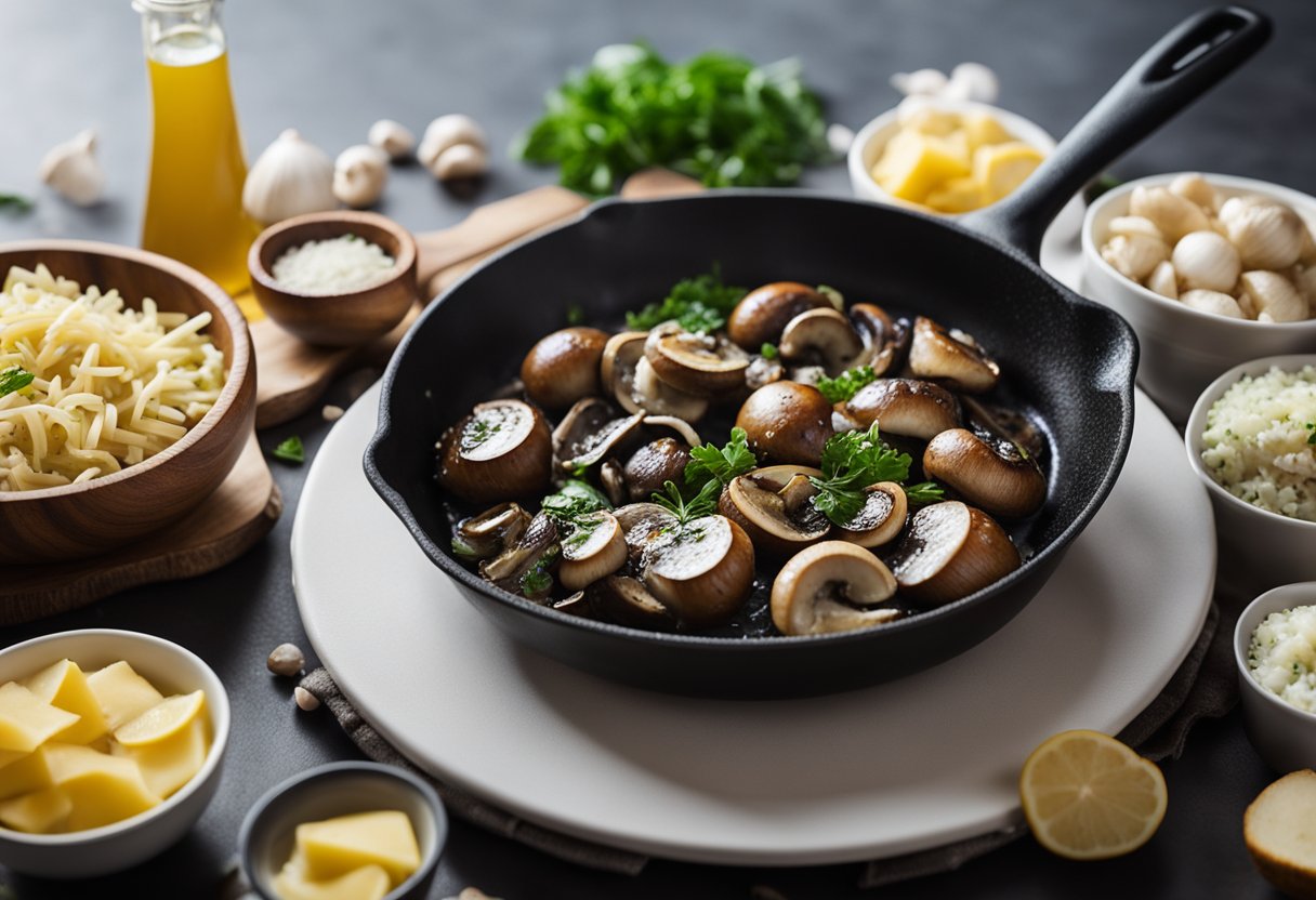 A skillet sizzling with garlic butter mushrooms, surrounded by keto beach house dinner ingredients