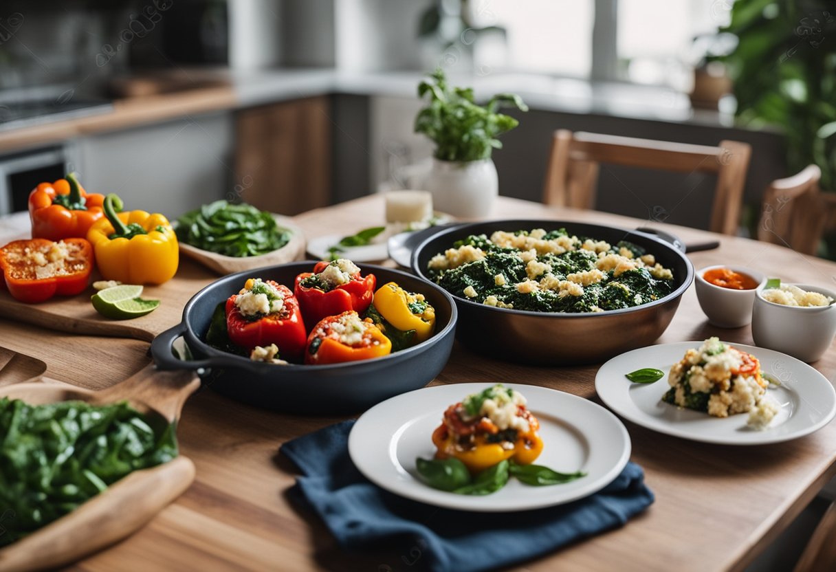 A beach house kitchen with a wooden table set for dinner, featuring colorful spinach and feta stuffed peppers as the main dish