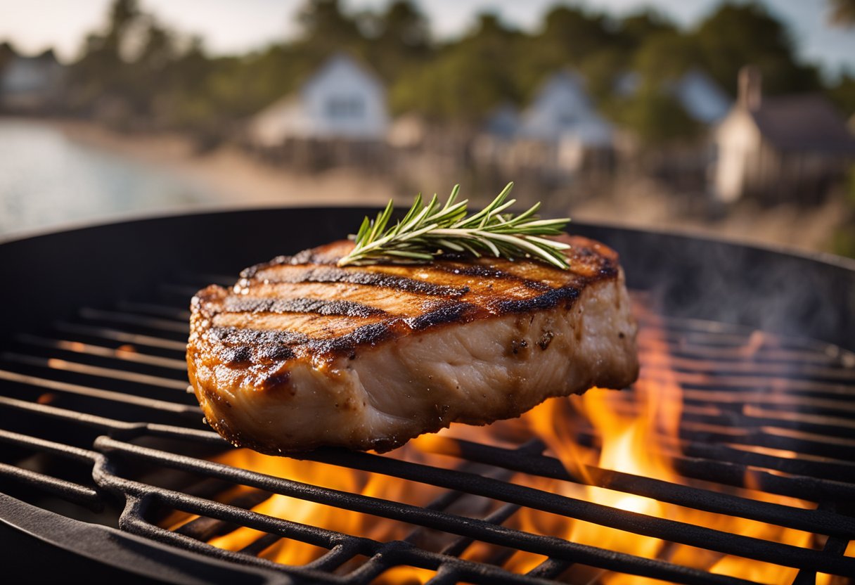 A sizzling pork chop sizzling on a grill, surrounded by sprigs of fresh rosemary and set against a beach house backdrop