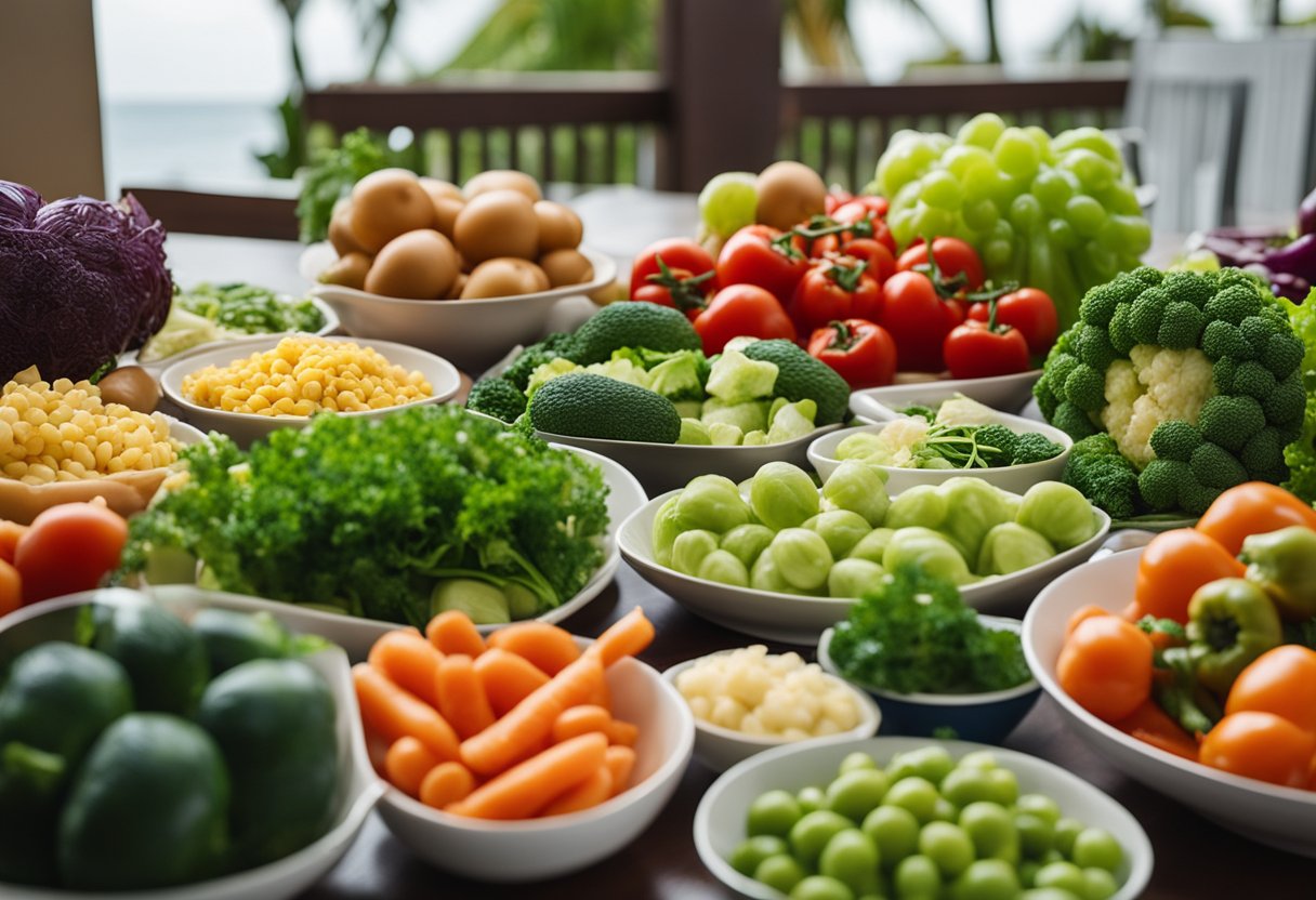 A colorful array of keto-friendly vegetables arranged on a beach house dinner table