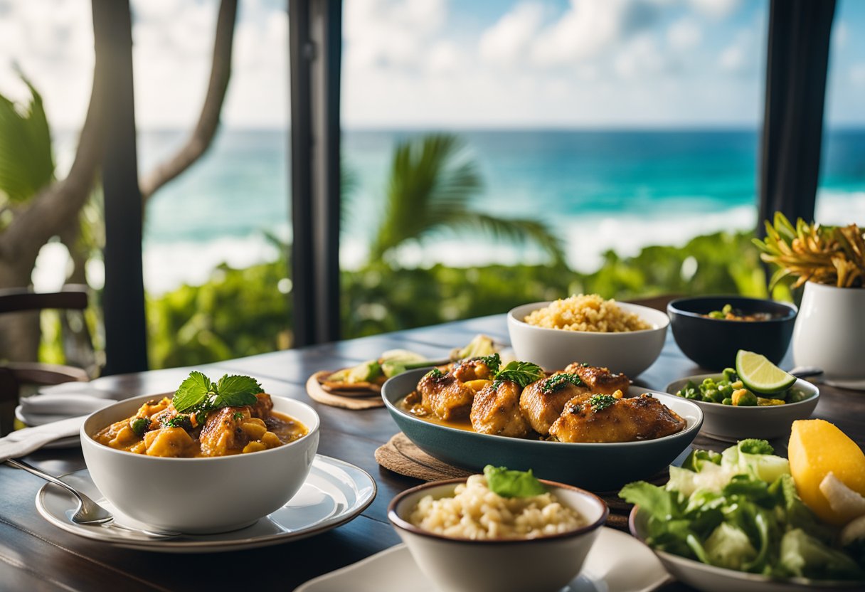 A beach house dinner table set with coconut curry chicken thighs and keto-friendly sides, surrounded by tropical decor and ocean views