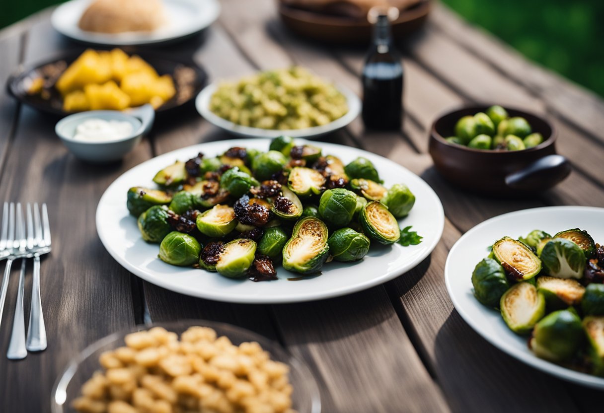 A plate of balsamic glazed brussel sprouts sits on a beach house dinner table with a keto-friendly meal spread out in the background