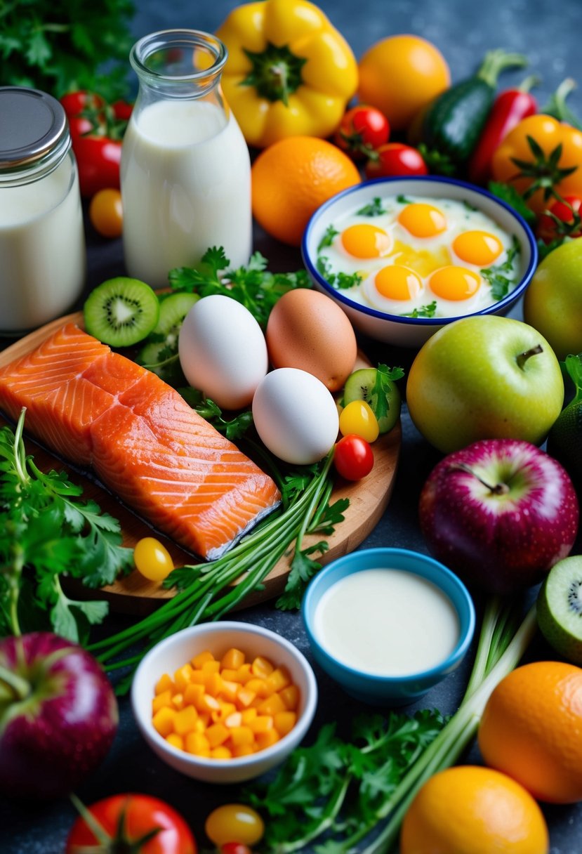 A colorful array of fresh ingredients like salmon, eggs, and dairy products, surrounded by vibrant fruits and vegetables, all rich in vitamin B12