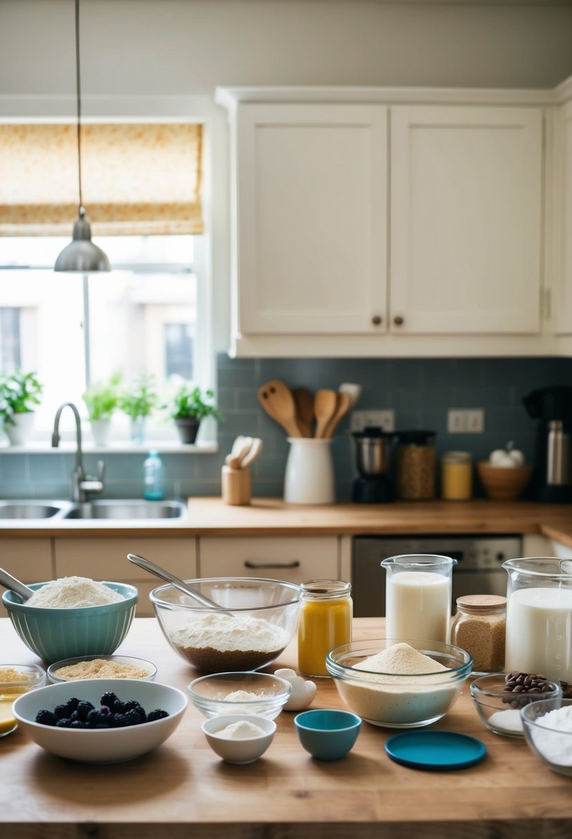 A kitchen counter filled with baking ingredients and utensils for making various cake recipes