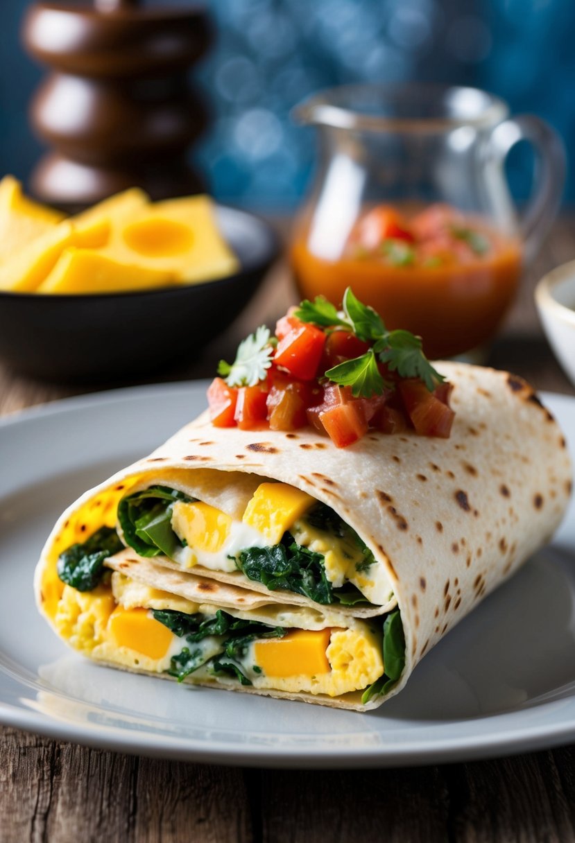 A breakfast burrito filled with B12-rich ingredients like eggs, cheese, and spinach, topped with salsa and served on a plate