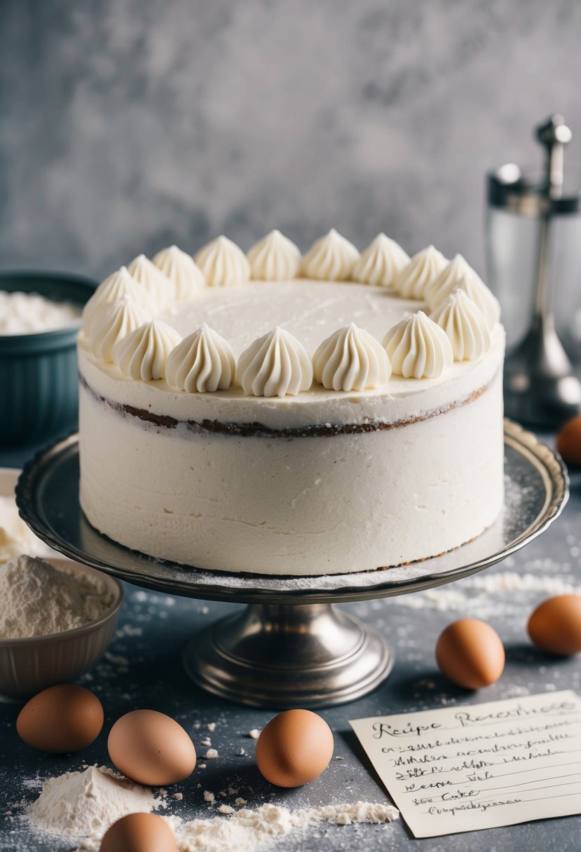 A pristine white cake on a vintage cake stand, surrounded by scattered flour, eggs, and a handwritten recipe card