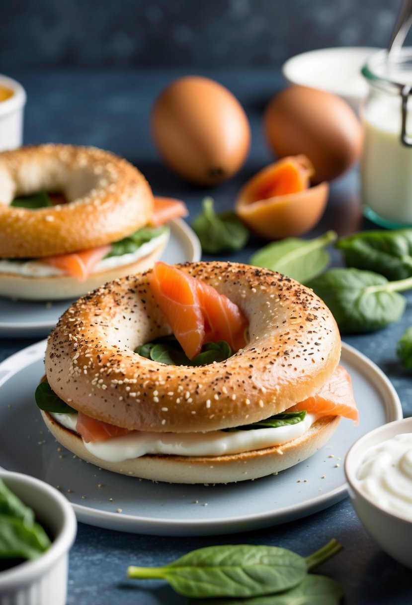 A toasted bagel topped with cream cheese and smoked salmon, surrounded by vitamin B12-rich foods like eggs, spinach, and yogurt