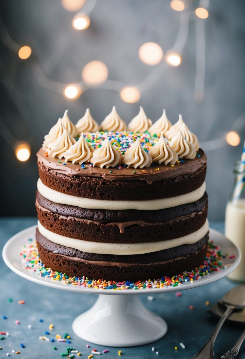 A three-layer chocolate birthday cake with frosting and sprinkles on a cake stand