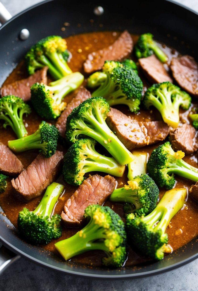 A sizzling pan of beef and broccoli stir-fry, with vibrant green broccoli florets and tender slices of beef glistening in a savory sauce