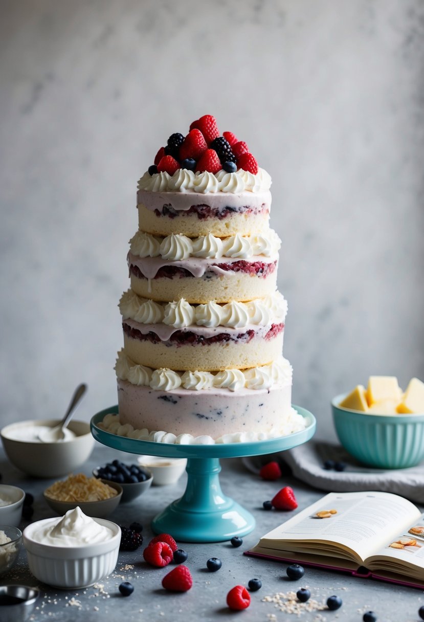 A tall, layered icebox cake with fluffy whipped cream and fresh berries, surrounded by scattered ingredients and a recipe book open to a page on cake recipes