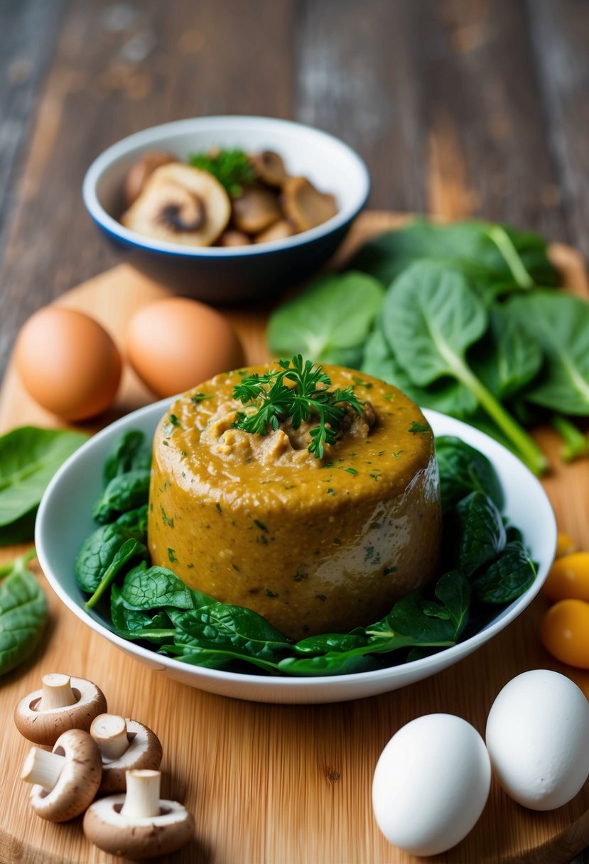 A bowl of chicken liver pâté surrounded by vitamin B12-rich ingredients like spinach, eggs, and mushrooms on a wooden cutting board