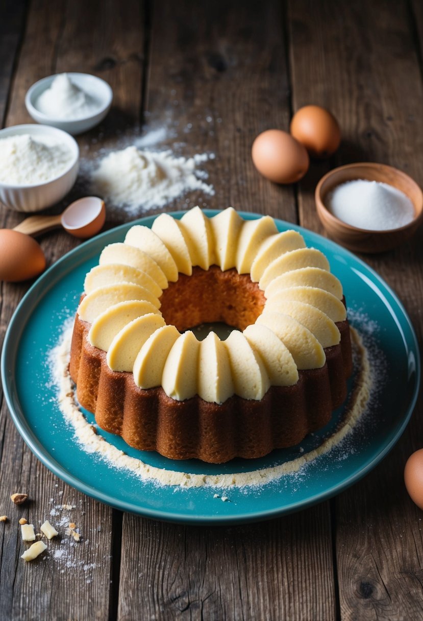 A vanilla butter cake sits on a rustic wooden table, surrounded by scattered ingredients like flour, sugar, and eggs