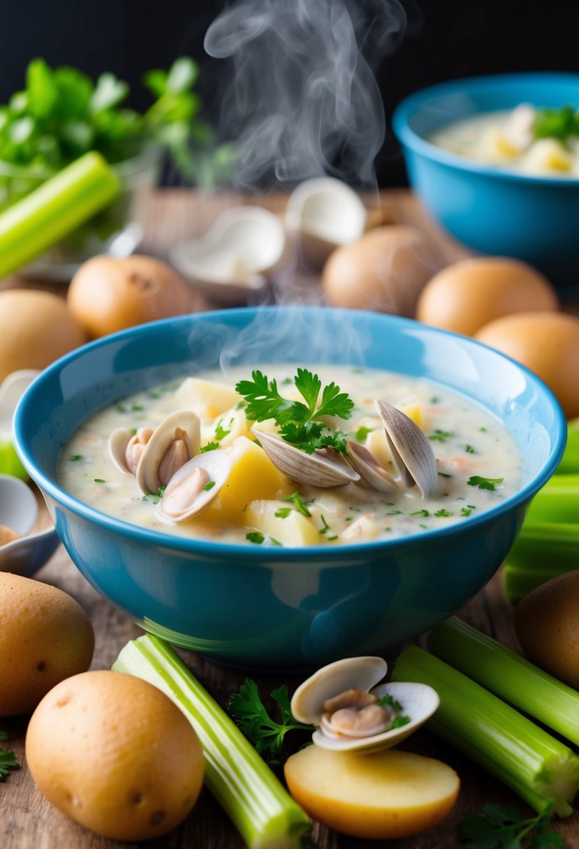 A steaming bowl of clam chowder surrounded by vitamin B12-rich ingredients like clams, potatoes, and celery, with a sprinkle of parsley on top