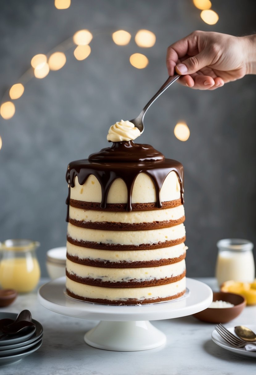 A baker carefully layers thin cake and custard, topping with glossy chocolate