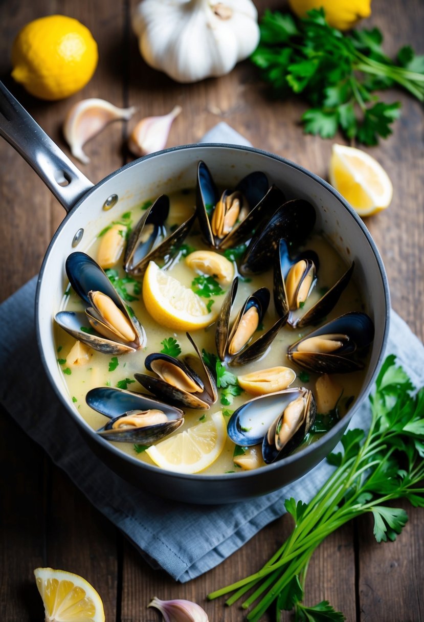 A pot of mussels simmering in a white wine sauce, surrounded by garlic cloves, parsley, and lemon wedges on a rustic wooden table