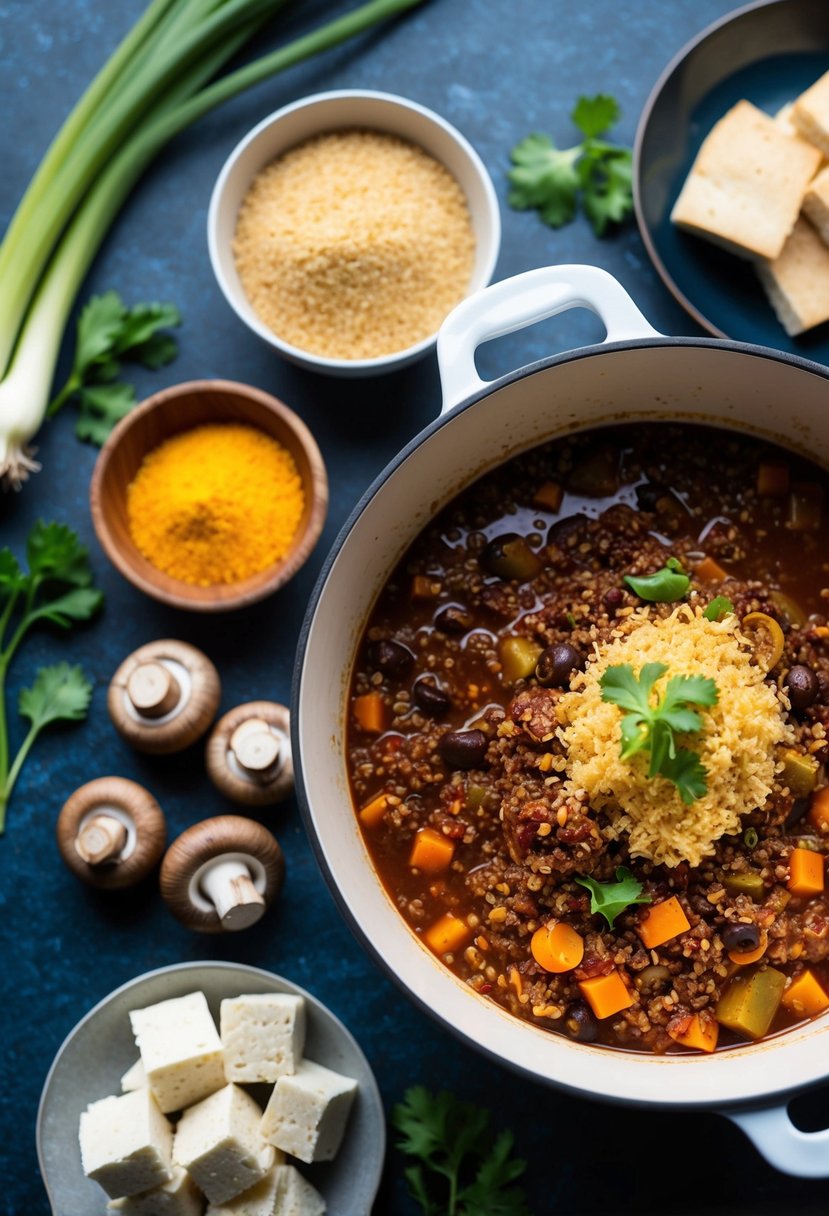 A simmering pot of quinoa vegetarian chili surrounded by vitamin B12-rich ingredients like nutritional yeast, mushrooms, and tofu