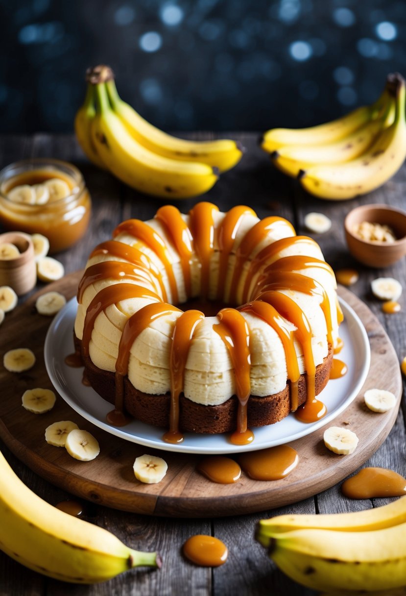 A freshly baked banana caramel cake on a rustic wooden table, surrounded by scattered ripe bananas and a drizzle of caramel sauce