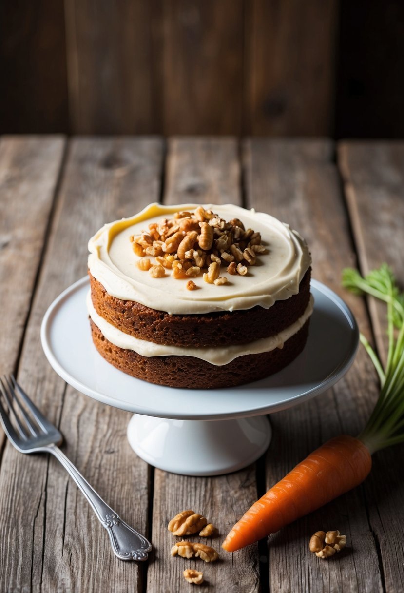 A freshly baked carrot cake sits on a rustic wooden table, adorned with a generous layer of cream cheese frosting and a sprinkle of chopped walnuts