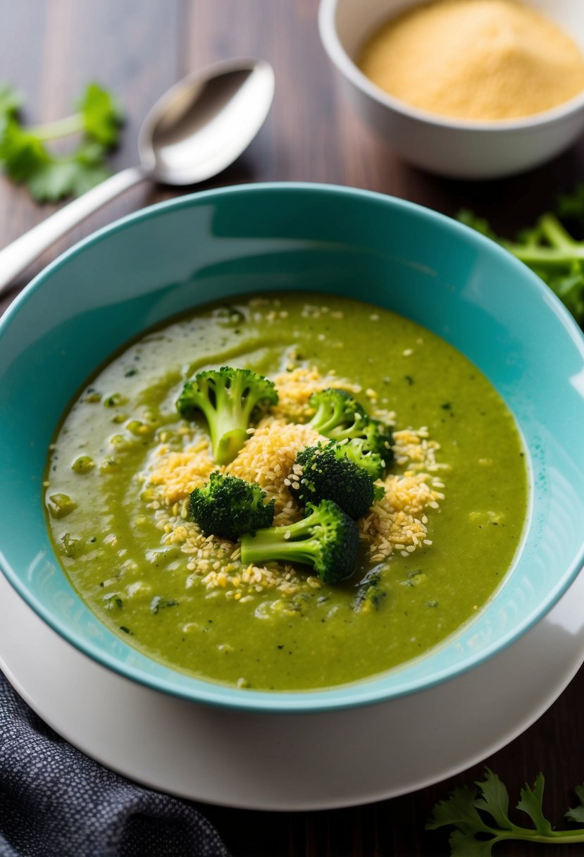 A steaming bowl of green broccoli zucchini soup topped with nutritional yeast