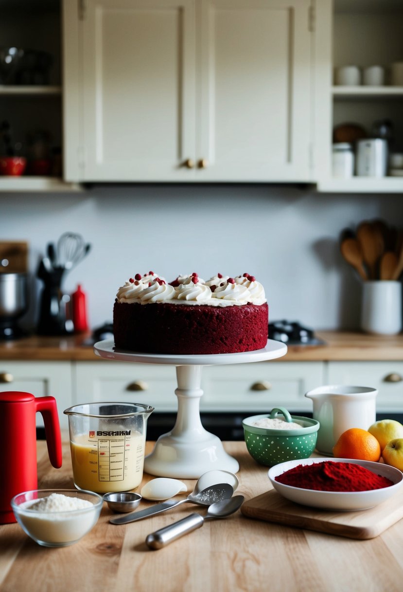 A kitchen counter with ingredients and utensils to make a red velvet cake