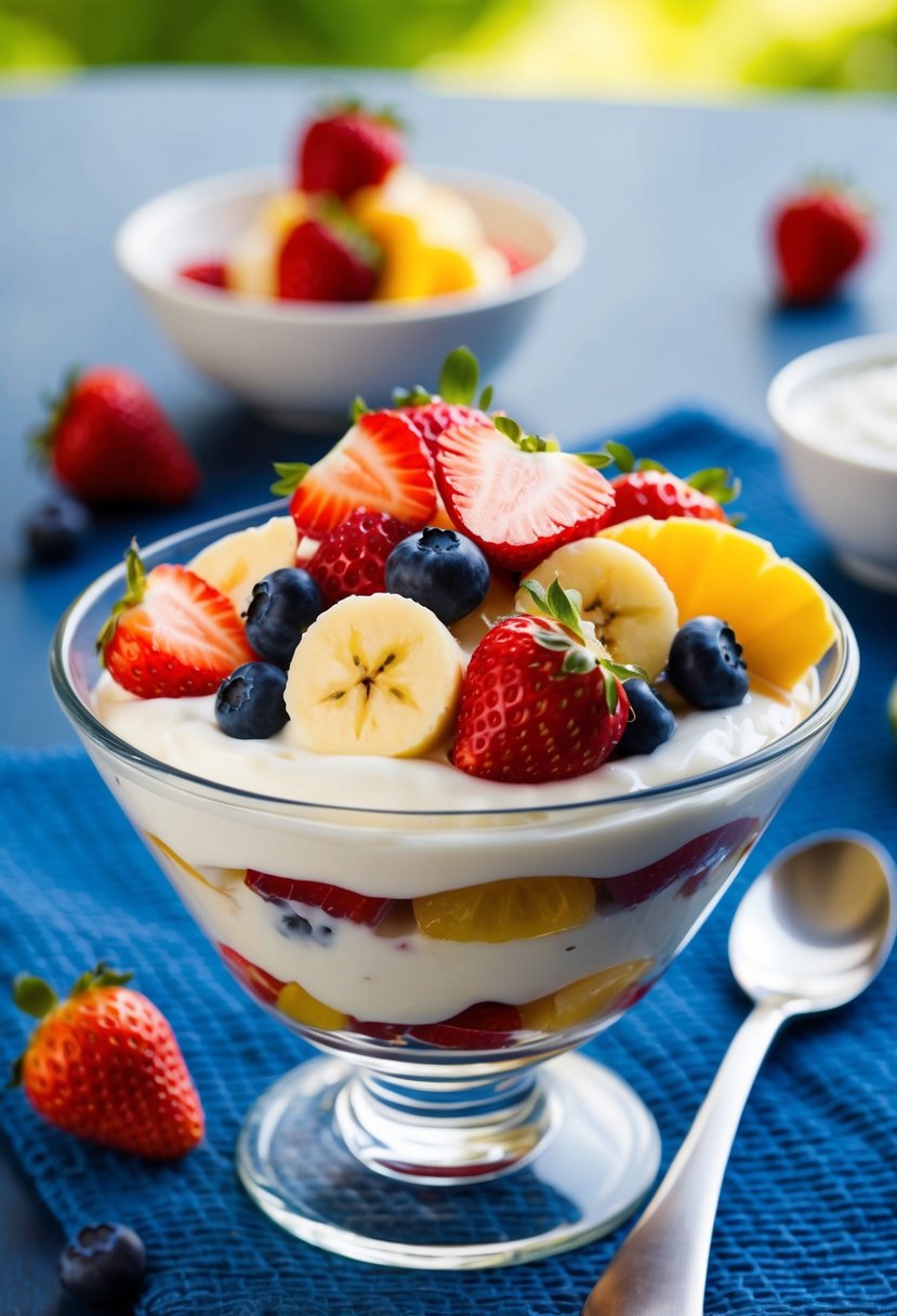 A colorful fruit salad with Greek yogurt in a clear glass bowl, topped with sliced strawberries, blueberries, and banana slices